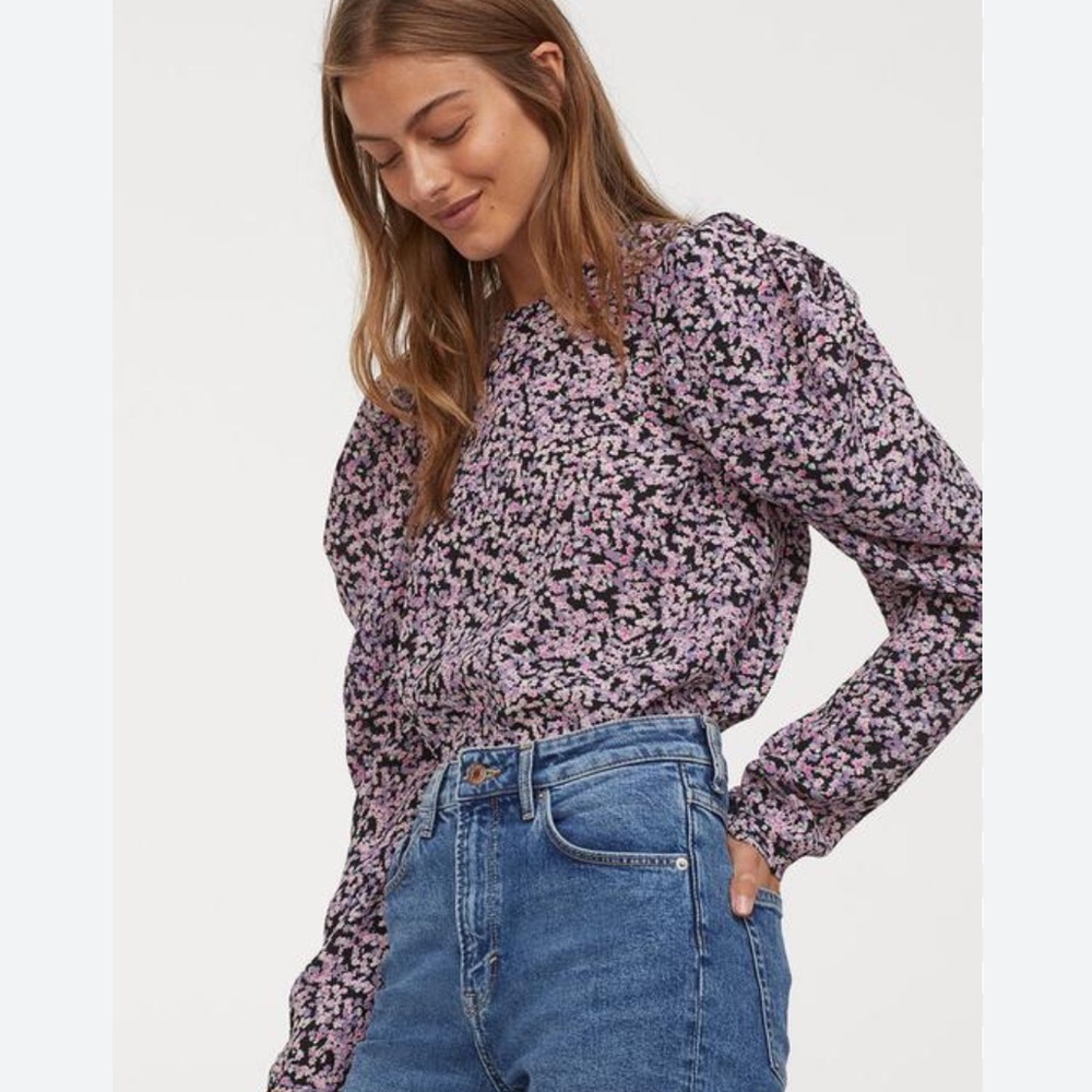H&M Floral Puff Long Sleeve Blouse Black Pink